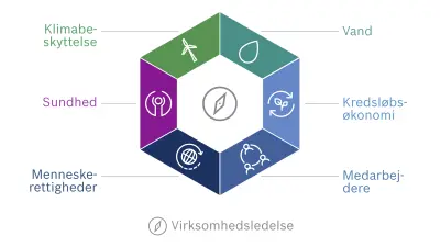 Grafisk fremstilling over Boschs visionære mål for bæredygtighed. De seks dimensioner i det visionære mål danner en sekskant: klimabeskyttelse, vand, kredsløbsøkonomi, medarbejderne, menneskerettigheder og sundhed.