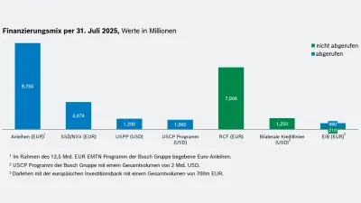 Finanzierungsmix per 31. Juli 2025, Werte in Millionen, aufgeteilt in abgerufen und nicht abgerufen