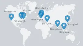 Auf der Weltkarte stecken neun Stecknadeln in verschiedenen Ländern, in welchen sich die Bosch Research Forschungsstandorte befinden.
