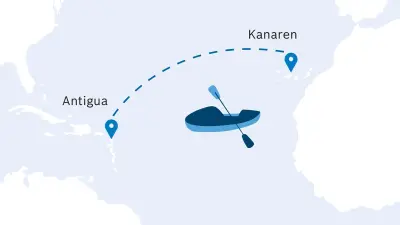 Grafik einer Route über den Atlantik von den Kanarischen Inseln nach Antigua mit Symbol eines Ruderboots.