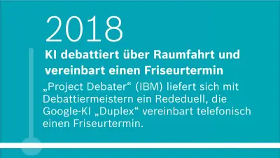 2018: KI debattiert über Raumfahrt und vereinbart einen Friseurtermin. „Project Debater“ (IBM) liefert sich mit Debattiermeistern ein Rededuell und die Google-KI „Duplex“ vereinbart telefonisch einen Friseurtermin.