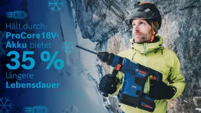 Der Biturbo-Bohrhammer von Bosch hält durch: Sein ProCore 18-Volt-Akku bietet 35% längere Lebensdauer als herkömmliche Akkus von Bosch.