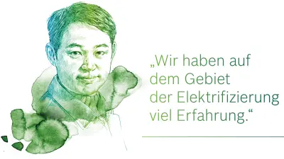 Illustriertes Porträt von Jie Cheng von Bosch, dem Produktmanager der eAchse in Shanghai, China.