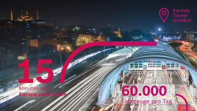 Eine Einfahrt des Eurasien-Tunnels. Die Zahlen auf dem Bild erklären, dass es dank des Unterwassertunnels nur 15 Minuten dauert, um von Europa nach Asien zu kommen und dass pro Tag 60 000 Autos durch den Tunnel fahren.