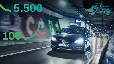Ein Fahrzeug fährt durch den 5,4 Kilometer langen Tunnel. Die Zahlen auf der Abbildung zeigen, dass es 5 500 Geräte zur Branderkennung und 100 Notfalltelefone im Eurasien-Tunnel gibt.