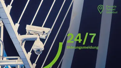 Eine Überwachungskamera an einem der Tunnelausgänge. Die Zahl auf dem Bild besagt, dass Bosch eine 24/7 Störfallerkennung in dem Tunnel eingerichtet hat.