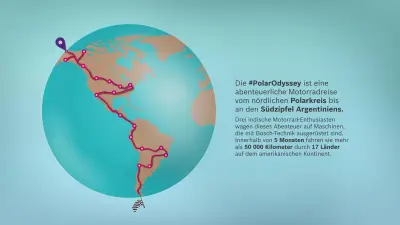 Weltkarte mit Text, die eine Route vom nördlichen Polarkreis bis an den Südzipfel Argentiniens zeigt.