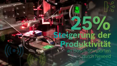 Eine Maschine der Smart Factory in Nahaufnahme. Auf dem Bild steht der Text „25 Prozent Steigerung der Produktivität an Bosch-Standorten durch Nexeed“.