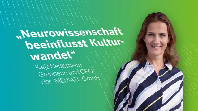 Katja Nettesheim, Gründerin und CEO von _MEDIATE GmbH vor einem türkisen Hintergrund.