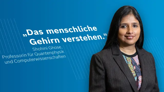 Das Bild zeigt ein Portraitfoto von Dr. Shohini Ghose sowie ein Zitat von ihr mit folgendem Text: Das menschliche Gehirn verstehen.