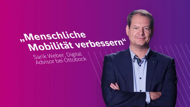 Sarik Weber, Digital Advisor bei Ottobock vor einem fuchsia Hintergrund.
