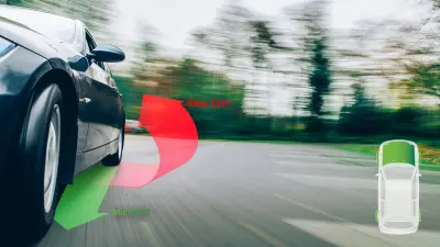 Auto fährt auf der Straße, Pfeile für mit ESP® und ohne. Thema: überschlagen.
