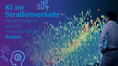 Liu Ren steht vor einer Datenvisualisierung aus verschiedenfarbigen Kästchen, die die Datenanalyse der KI darstellen. Daneben der Text: „KI im Straßenverkehr: Visual Analytics und die Herausforderung Ampel“.