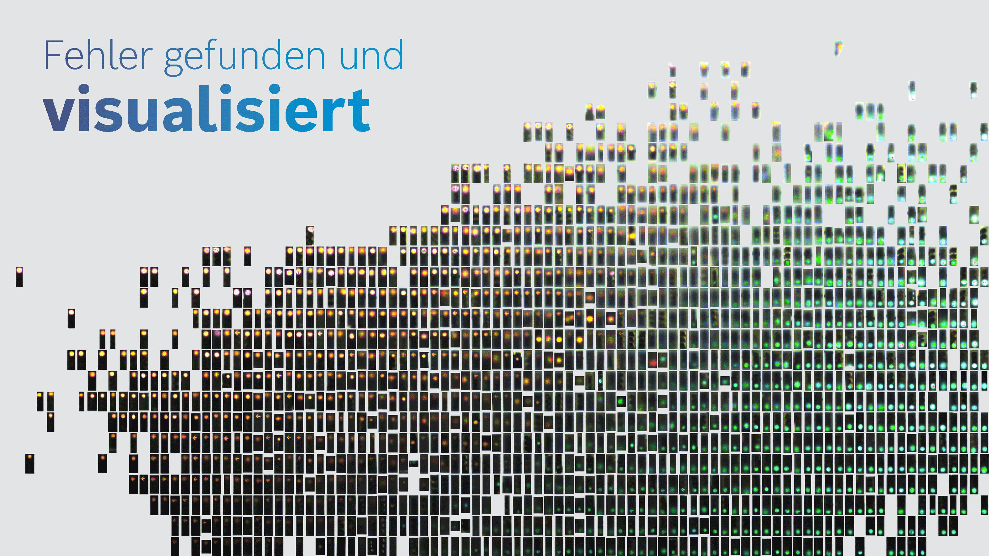 Eine Visualisierung voller bunter Kästchen zeigt, wie in der Datenanalyse Fehler erkannt und visualisiert werden.