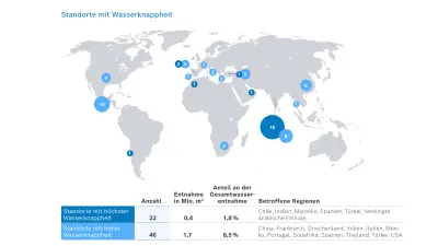 Weltkarte mit Standorten von Bosch, die in Gebieten mit Wasserknappheit liegen.