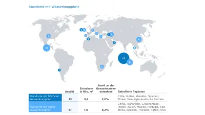 Weltkarte mit Standorten von Bosch, die in Gebieten mit Wasserknappheit liegen.