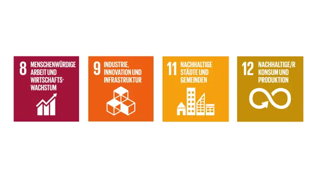 Icons der Sustainable Development Goals der Vereinten Nationen: „8 Menschenwürdige Arbeit und Wirtschaftswachstum“; „9 Industrie, Innovation und Infrastruktur“, „11 Nachhaltige Städte und Gemeinden“ und „12 Nachhaltige/r Konsum und Produktion“.