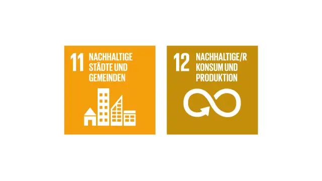 Icons der zwei Sustainable Development Goals der Vereinten Nationen: „11 Nachhaltige Städte und Gemeinden“ und „12 Nachhaltige/r Konsum und Produktion“.
