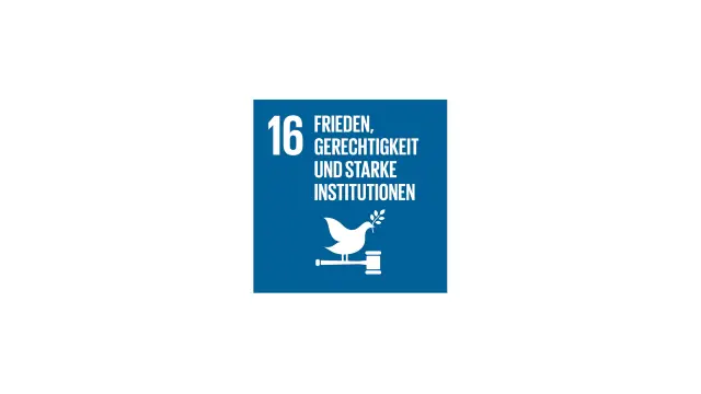 Icon des United Nations Sustainable Development Goals Nr. 16 Frieden, Gerechtigkeit und starke Institutionen.
