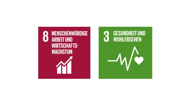 Icon der United Nations Sustainable Development Goals: Nr. 3 „Gesundheit und Wohlergehen“ und „8 Menschenwürdige Arbeit und Wirtschaftswachstum“.