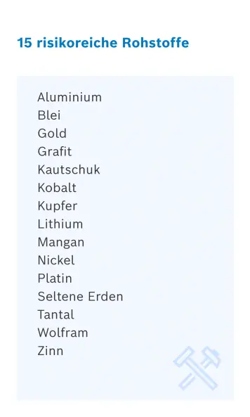 15 risikoreiche Rohstoffe (Kobalt, Seltene Erden, 3TG, Aluminium, Blei, Grafik, Lithium, Kautschuk, Kupfer, Mangan, Nickel, Platin)