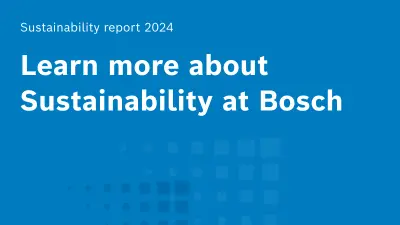 "Sustainability report 2024, Learn more about sustainability at Bosch" is written in white on a blue background