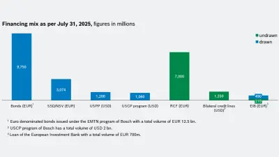 Financing mix as per July 31, 2025, figures in millions, divided into drawn and undrawn