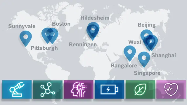 On the world map, there are pins in the various countries where Bosch Research sites are located.