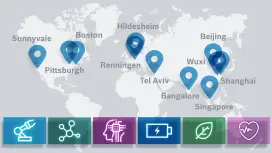 On the world map, there are pins in the various countries where Bosch Research sites are located.