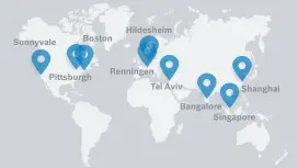 On the world map, there are nine pins in the various countries where Bosch Research sites are located.