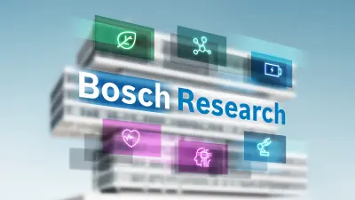Bosch Research with six various icons: A robot gripper arm for automation, a network vector for connectivity and digitalization, a human head with a computer chip for artificial intelligence, a battery for electrification, a leaf for climate action and sustainability and a heart with a pulse outline for healthcare.