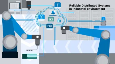 Schematic representation of distributed systems in an industrial environment. Robot arms can be seen in the foreground, and an assembly line in the background. Everything is connected via a cloud.