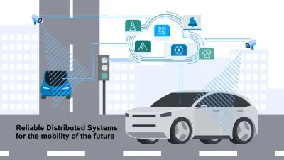 Schematic representation of distributed systems for the mobility of the future. The foreground shows cars connected to each other and to cameras via a cloud.