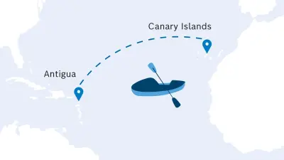 Graphic showing an Atlantic route from the Canary Islands to Antigua with an icon of a rowing boat.