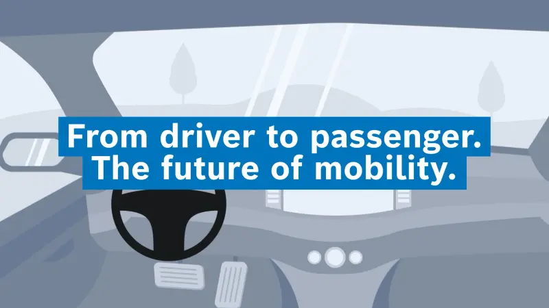 Car interior with steering wheel and pedals; blue banner with text: “From driver to passenger. The future of mobility.”