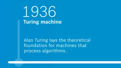 1936: Turing machine. Alan Turing lays the theoretical foundation for machines that process algorithms.