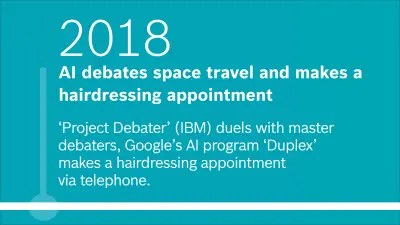 2018: AI debates space travel and makes a hairdressing appointment. ‘Project Debater’ (IBM) duels with master debaters and Google’s AI program 'Duplex' makes a makes a hairdressing appointment via telephone.