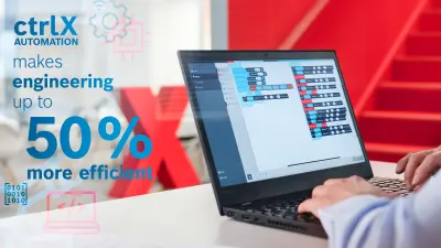 Next to a laptop on which an open program can be seen, there is the text: "ctrlX AUTOMATION makes engineering up to 50% more efficient".