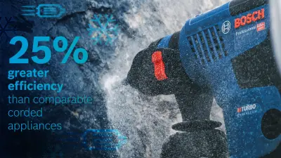 The cordless Bosch Biturbo rotary hammer is powerful and has 25% greater efficiency than comparable corded appliances.