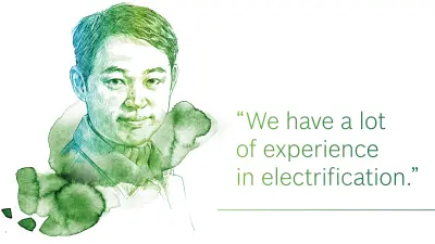 Illustrated portrait of Jie Cheng from Bosch, who is the product manager for the e-axle. He is based in Shanghai, China.