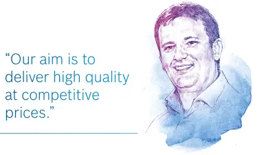 Illustrated portrait of Josef Angerer from Bosch, who is in charge of manufacturing coordination for the e-axle