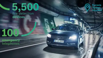 A car drives through the Eurasia Tunnel. The numbers on the picture say that there are 5,500 fire detection devices and 100 emergency telephones in the tunnel.