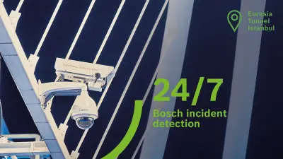 A surveillance camera at one of the tunnel exits. The number on the picture says that there is a 24/7 Bosch incident detection with video surveillance in the tunnel.