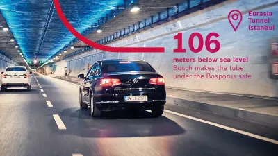 A car drives through the Eurasia Tunnel. The number on the picture says that the tunnel lies 106 meters below sea level.