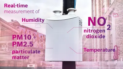 These air quality monitoring boxes from Bosch were installed as a measure to reduce air pollution on Brixton Road. They measure humidity, PM10 + PM2.5 particulate matter, NO₂ nitrogen dioxide and temperature in real-time.
