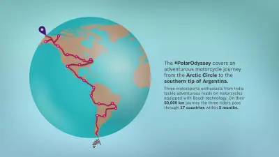 World map with text showing a route from the northern polar circle to the southern tip of Argentina.