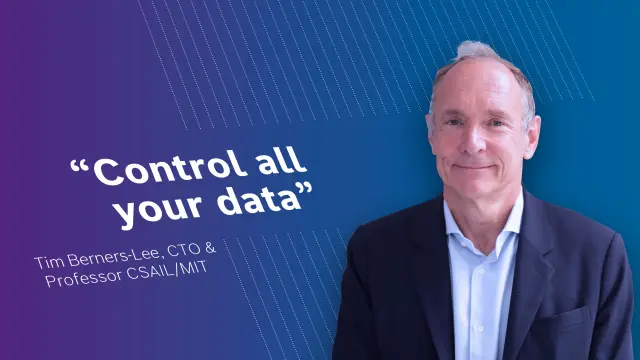 Tim Berners-Lee, CTO and Professor at CSAIL/MIT in front of a blue background.
