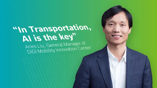 Aries Liu, General Manager of DiDi Mobility Innovation Center in front of a turquoise background.