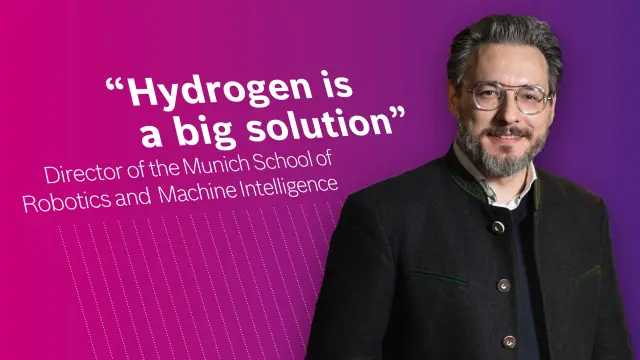 Sami Haddadin against a purple background. On the picture is the quote: “Hydrogen a big solution”