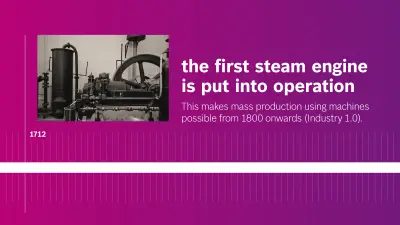Binary image oft he first steam engine onpink background with a timeline mark at 1712. 